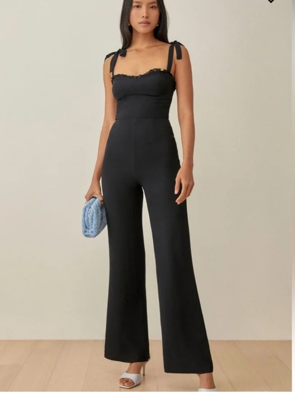 Reformation Black Tie-Shoulder Wide-Leg Jumpsuit